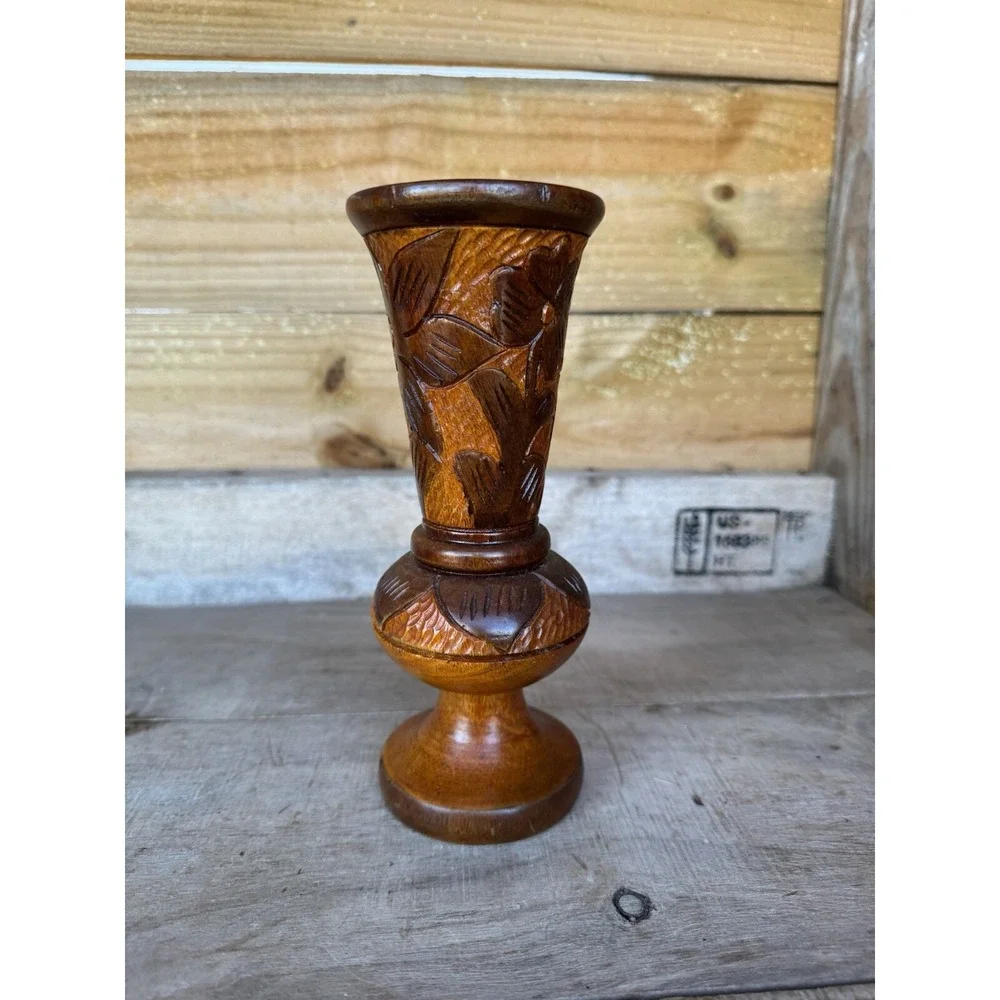 Vintage Hand Carved Wood  Bud Vase Folk Art‎ Decor Flower Design