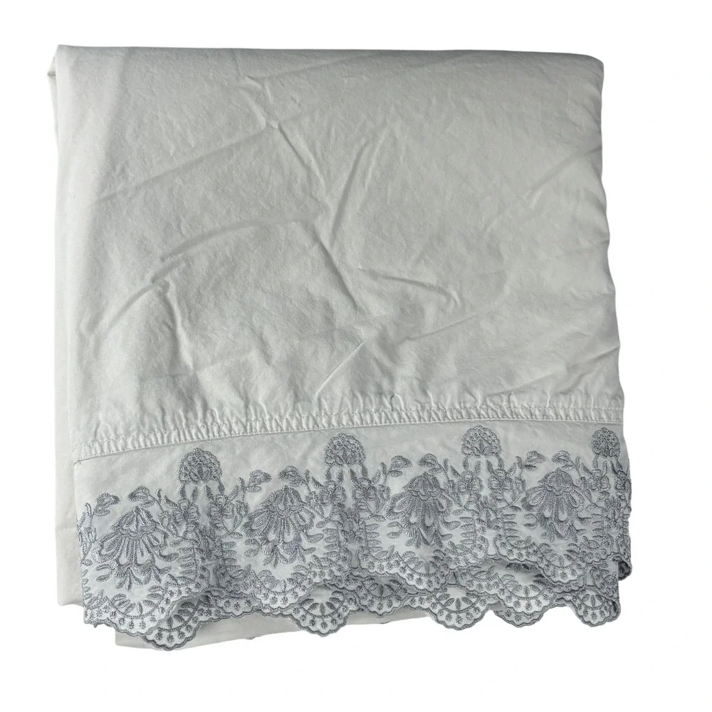 Simply Shabby Chic‎ Ivory Cotton Flat Sheet Silver Full 82 x 90 Embroidered