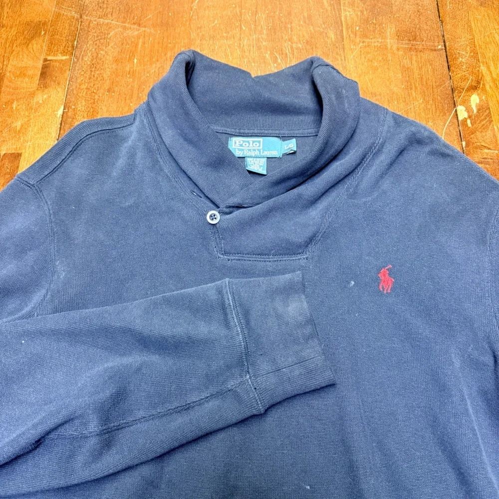 Polo‎ Ralph Lauren Men Navy Shawl Collar Sweatshirt Pullover Red Pony Logo Large