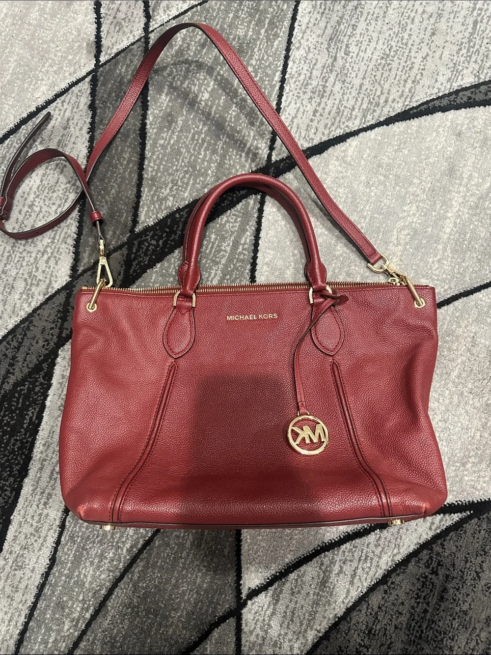 Michael Kors Burgundy Leather Satchel with Gold-Tone Hardware