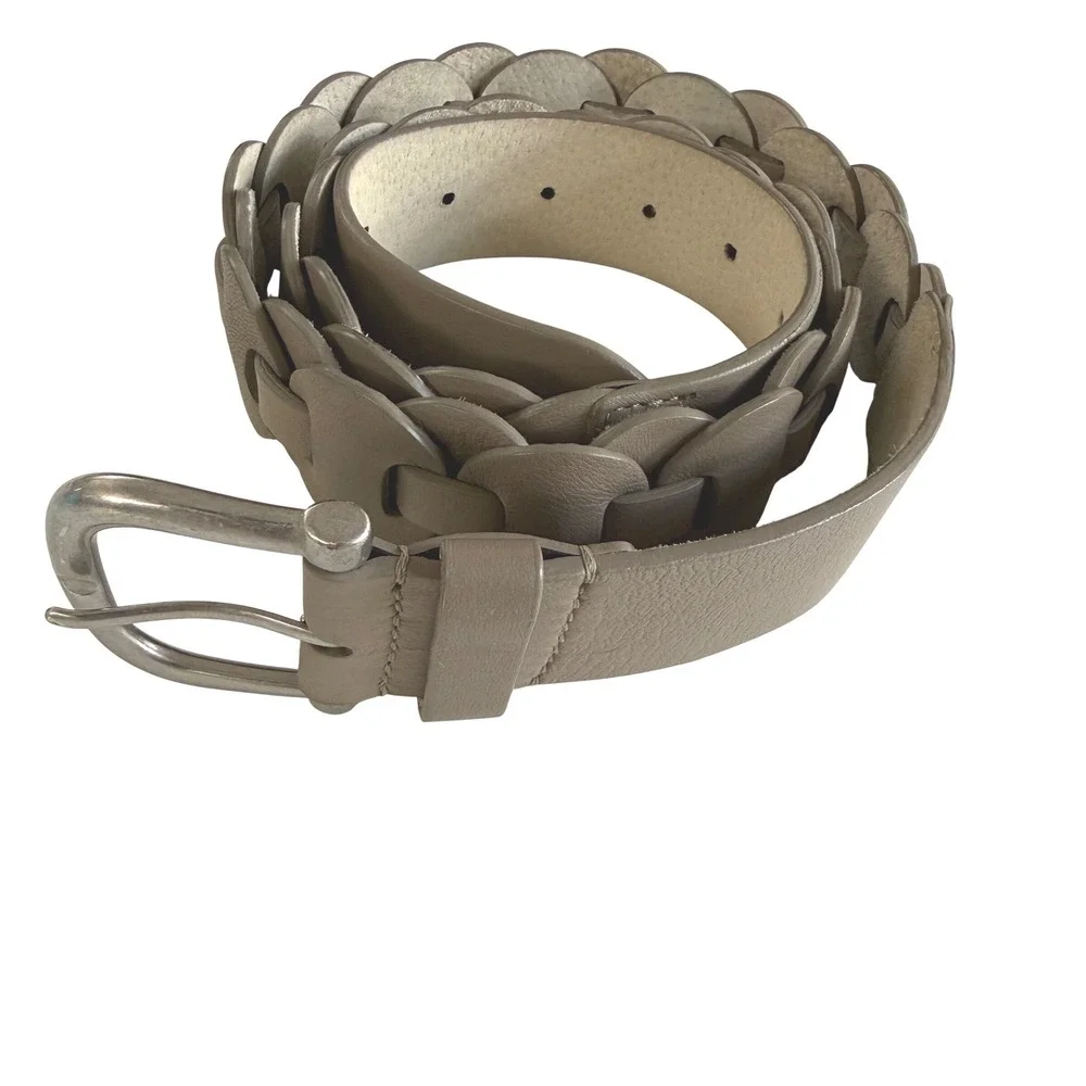 Vintage Wide Genuine‎ Leather Disc Link Belt Taupe Silver Buckle Boho Belt