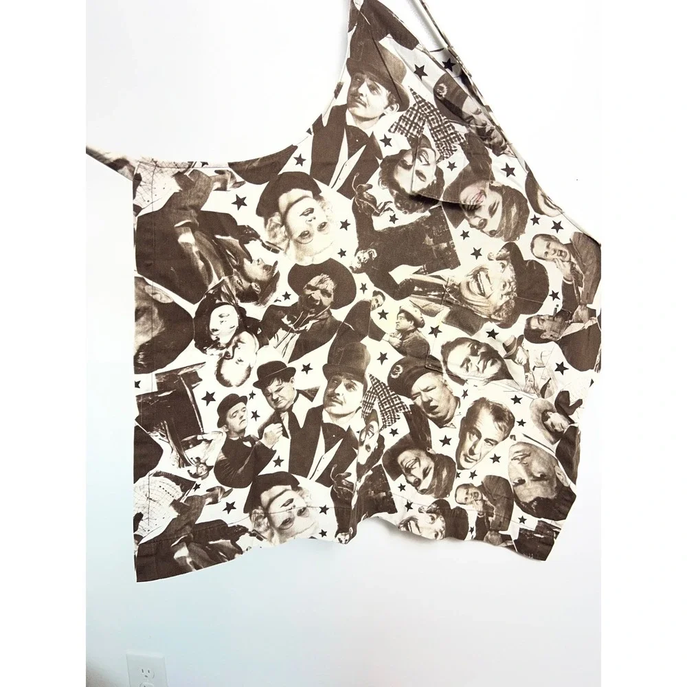 Vintage Hollywood Movie Star Collage Print Bib Apron Brown White Stars‎ Pocket