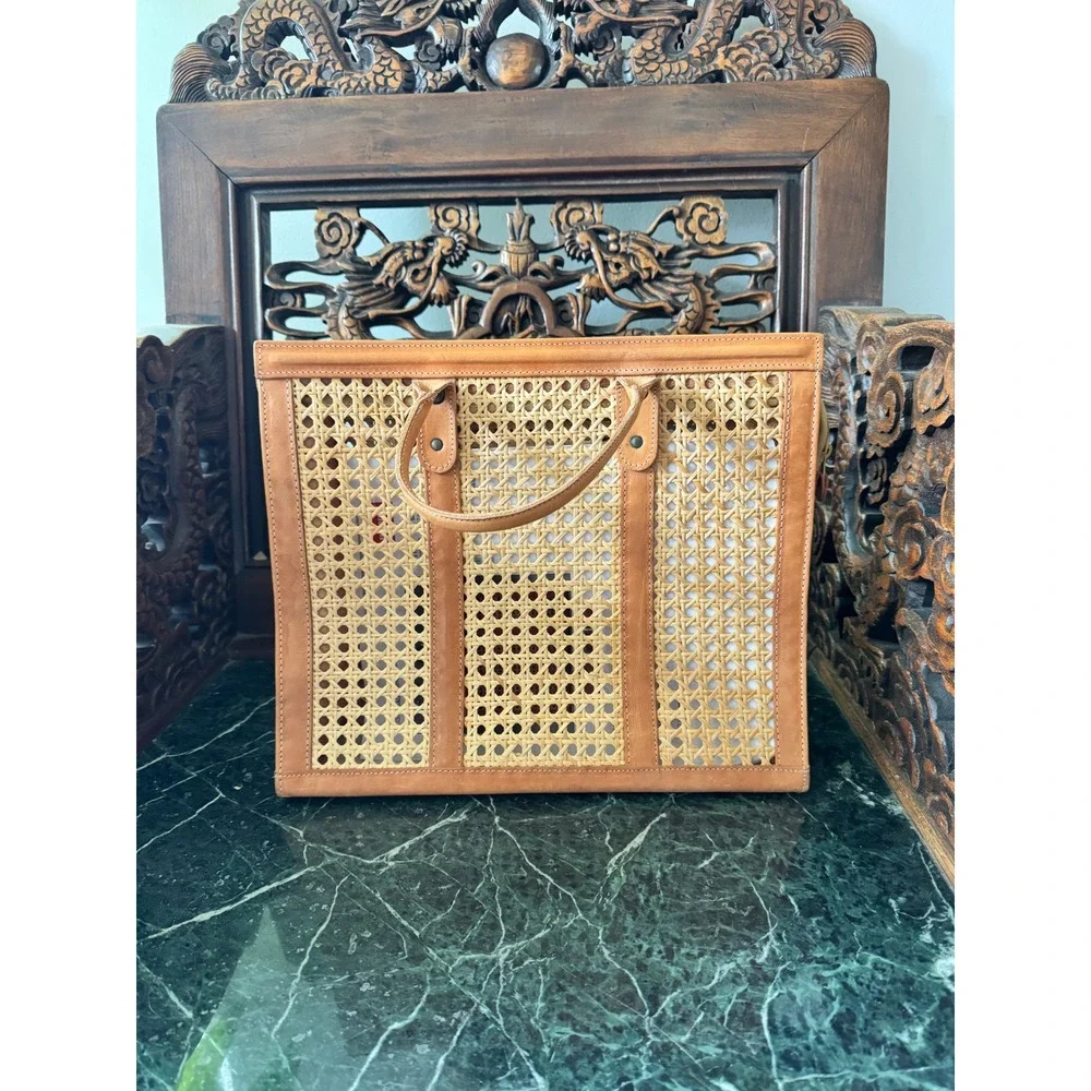 Vintage‎ Woven Wicker  BAG, leather & rattan, Palmgrens, 1900s Antique Purse