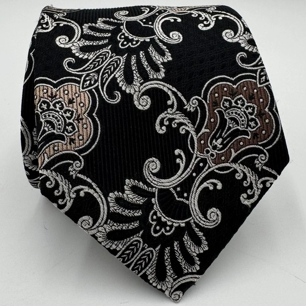 Jos. A. Bank Signature Collection‎ Silk Necktie Paisley Floral Mens Black Silver