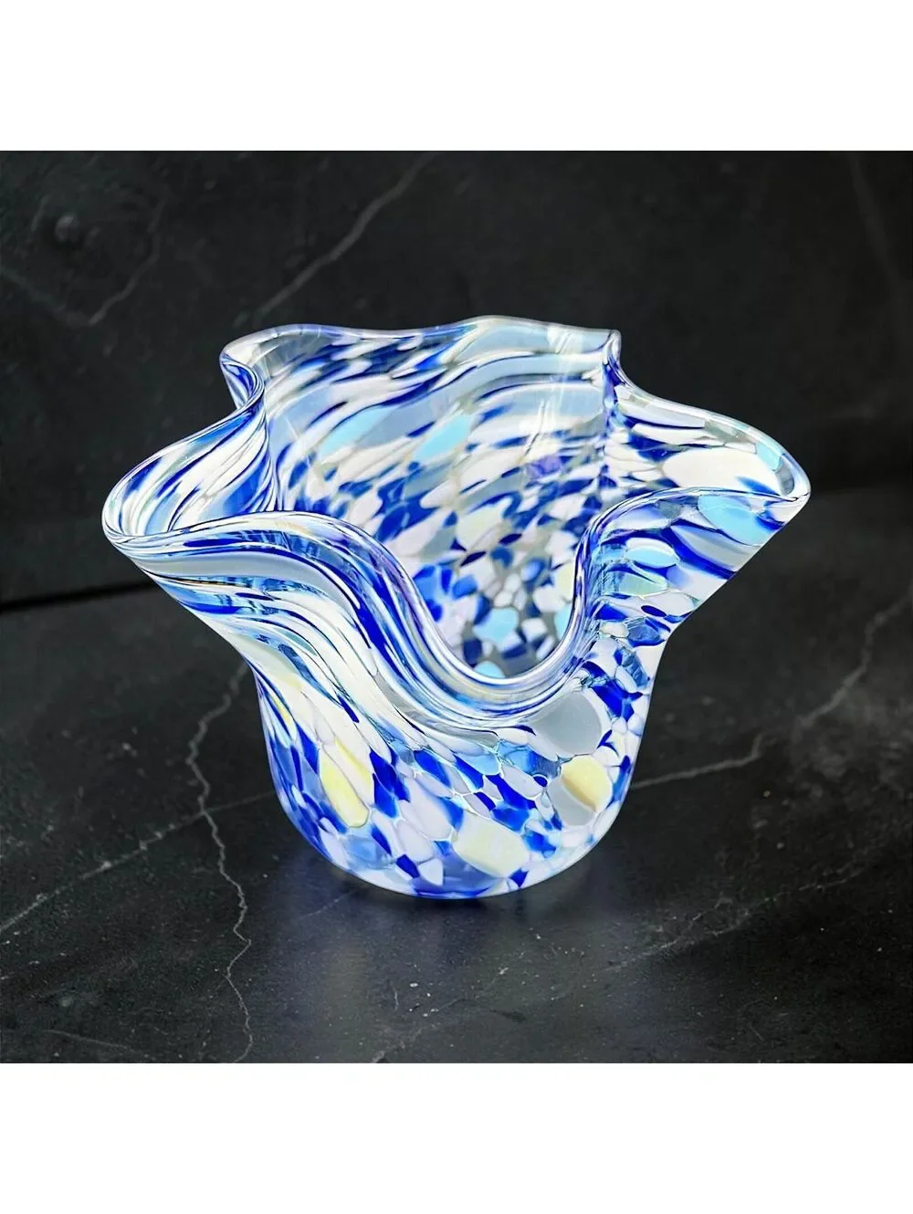 Vintage Signed Hand Blown Confetti Ruffled Art Glass Bowl Handkerchief Vase 4