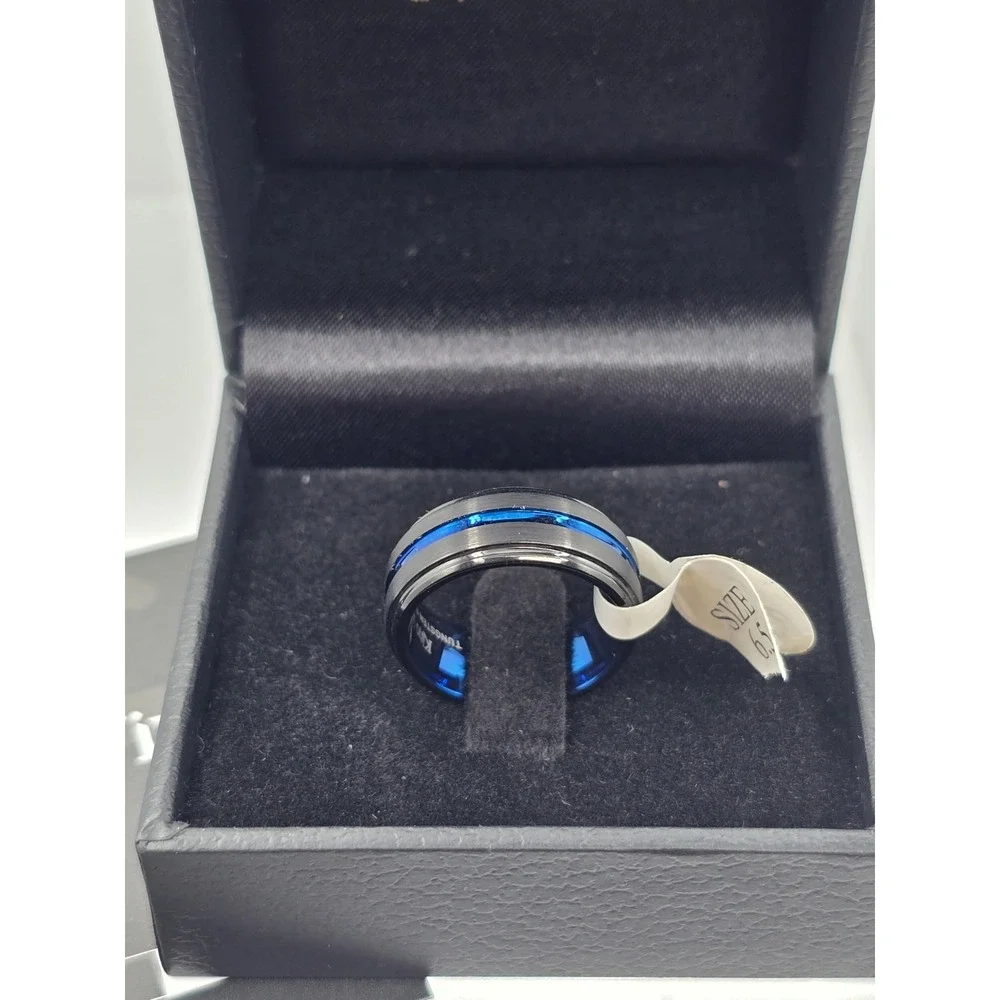 Tungsten Men's Sz 6.5 Blue &Black Center Channel Stripe Comfort Fit Wedding Band