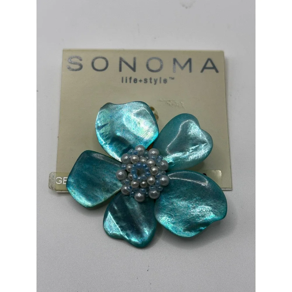 Sonoma Life Style Turquoise‎ Shell Flower Brooch Hair Clip Beaded Iridescent