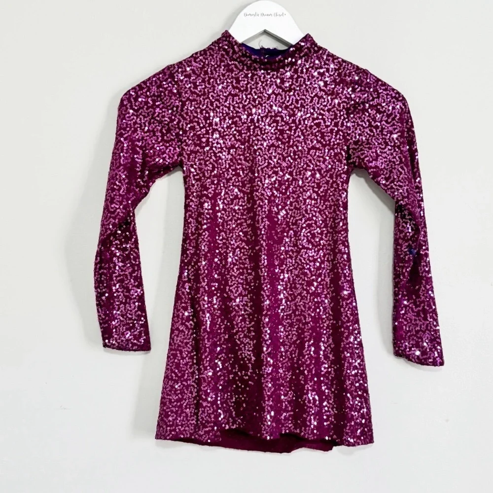 CURTAIN CALL Girl’s Purple Sequin Dance Costume Under Shorts Long Sleeve Sz CME