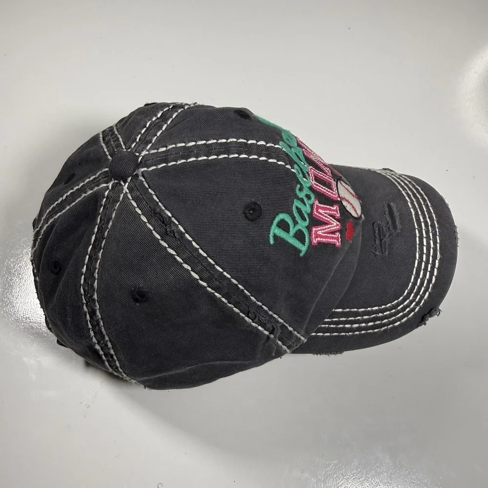 Distressed Charcoal Baseball Mom Hat Teal Pink Embroidered Cap Adjustable Gray