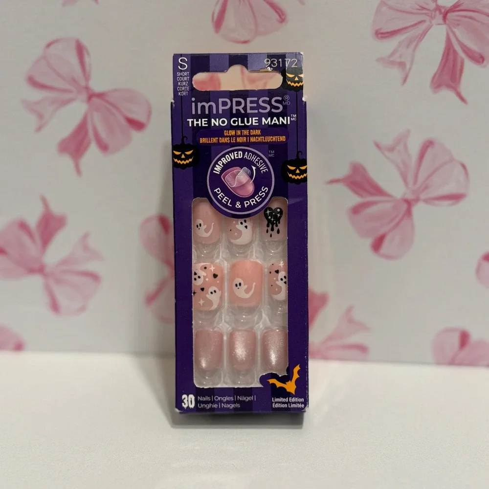 imPRESS Press-On Nails‎ Halloween Glow in the Dark Ghost Short Pink