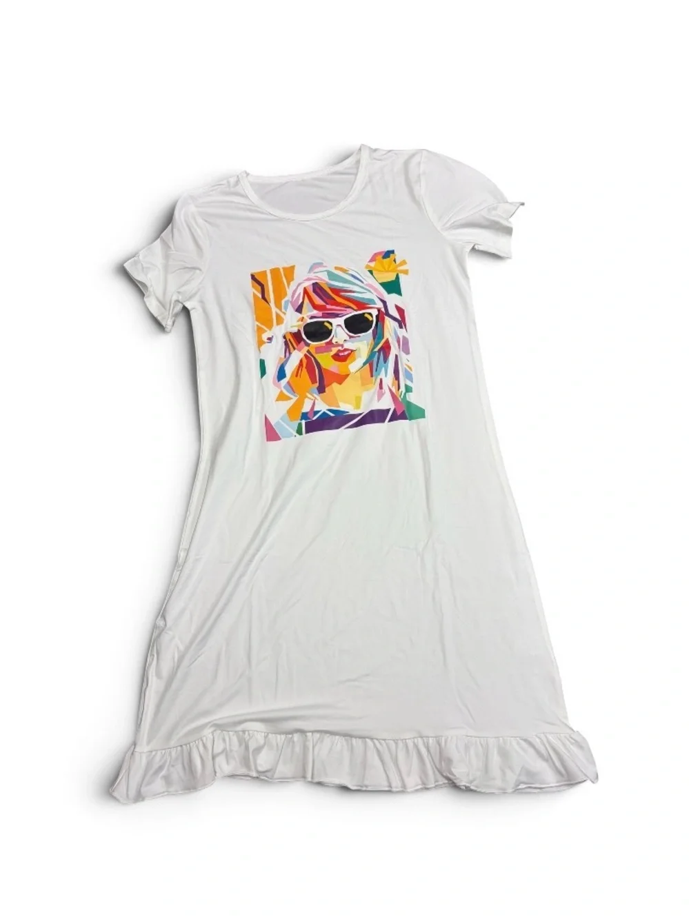 White Girls' Ruffle-Hem Nightgown with Colorful Pop Art Print