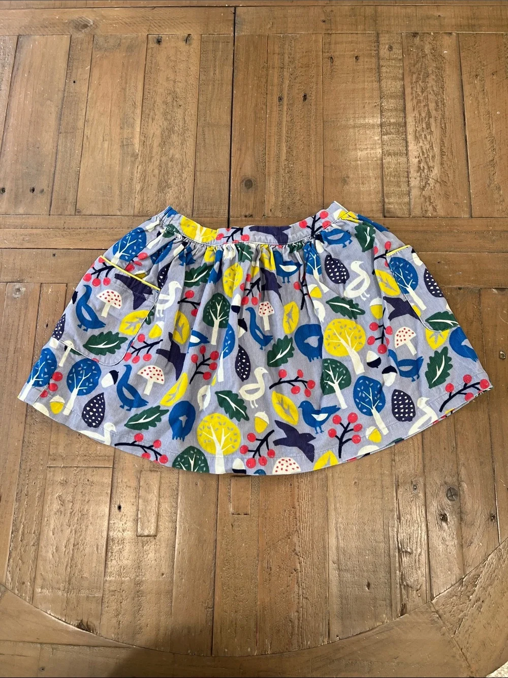 Mini Boden fall woodland print corduroy skirt 6-7 years birds mushroom acorns