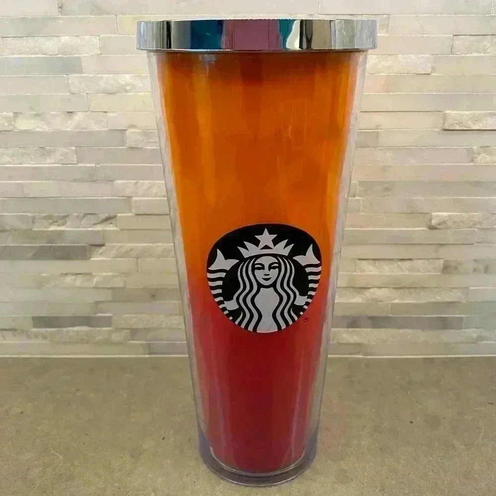Starbucks Faceted Orange and Pink Cold Cup 2014 EUC 24 Oz