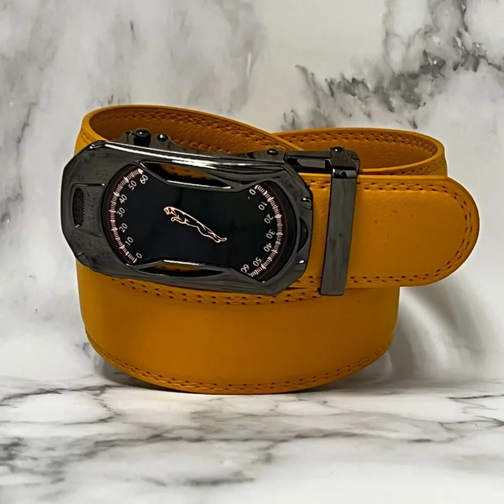 Mustard Yellow Ratchet Belt for Men  Leather Fashion Adjustable Automatic Buckle