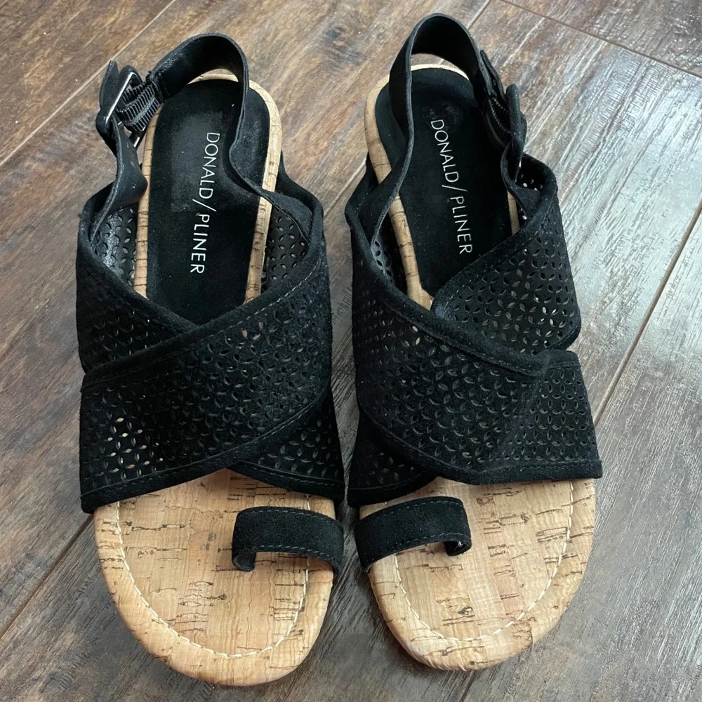 Donald Pliner Wedge Sandals‎ Womens Black Suede Cork Boho Chic 5.5 M