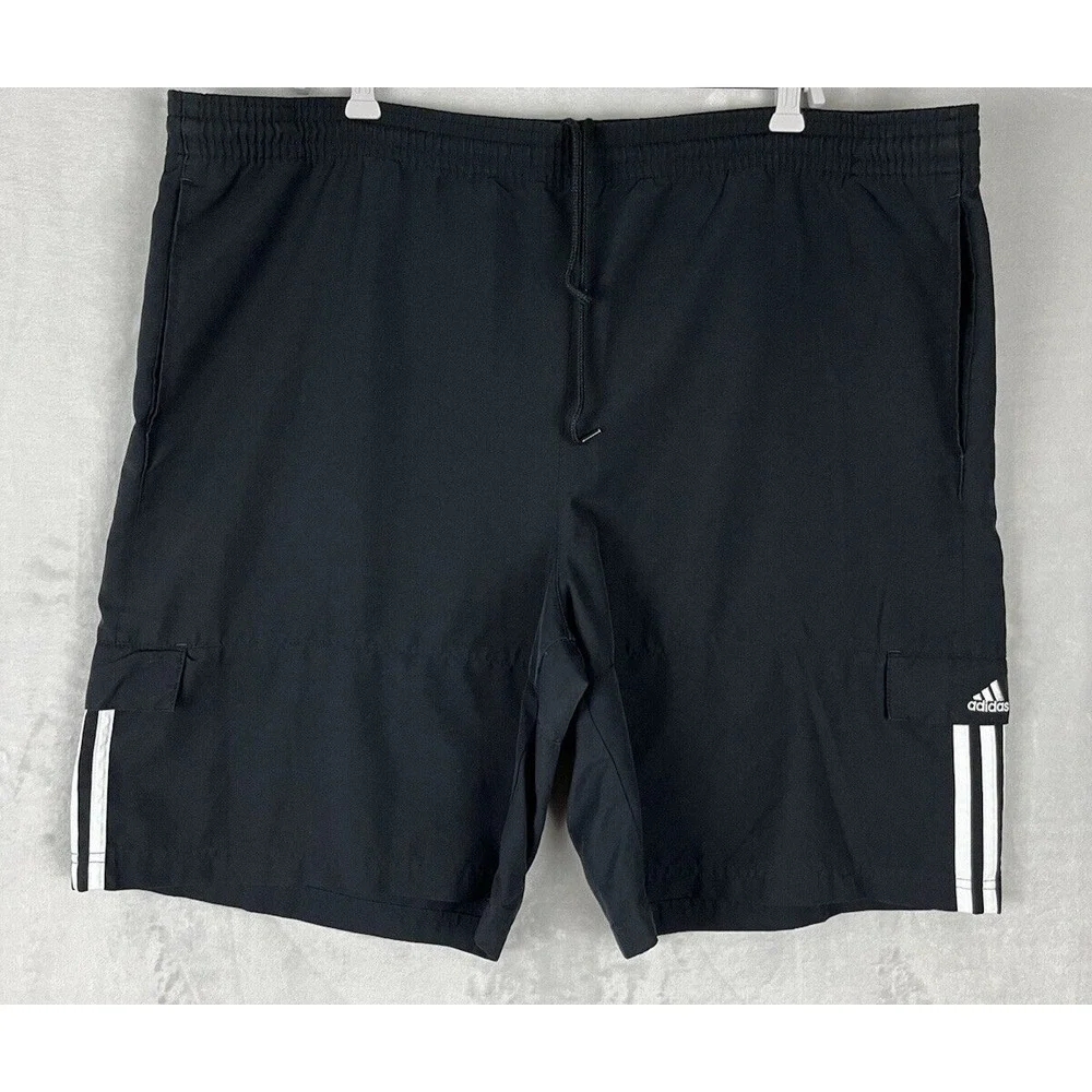 ADIDAS Men Short VTG XL Black Cargo Pocket 3 Stripe Drawstring Loose Outdoor Y2K