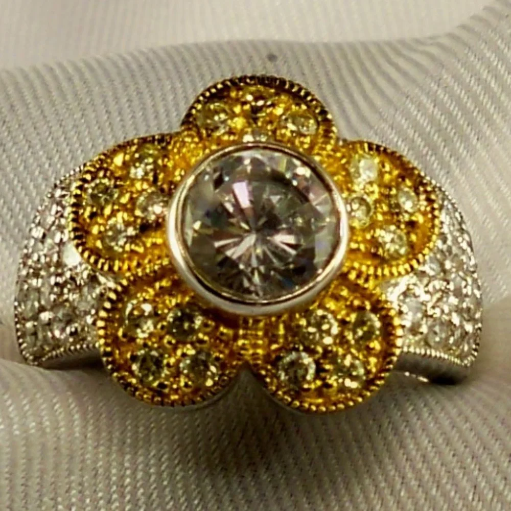 NEW Vintage Charles Winston Flower Yellow Cubic Zirconias Gold Silver Ring