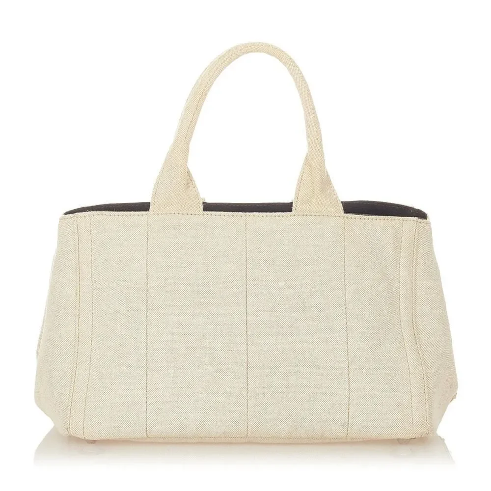 Auth Prada Canvas Linen Floral Canapa Tote Bag