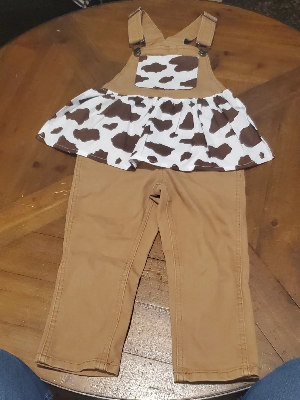 wonder nation Tan Overalls with Brown & White Cow Print