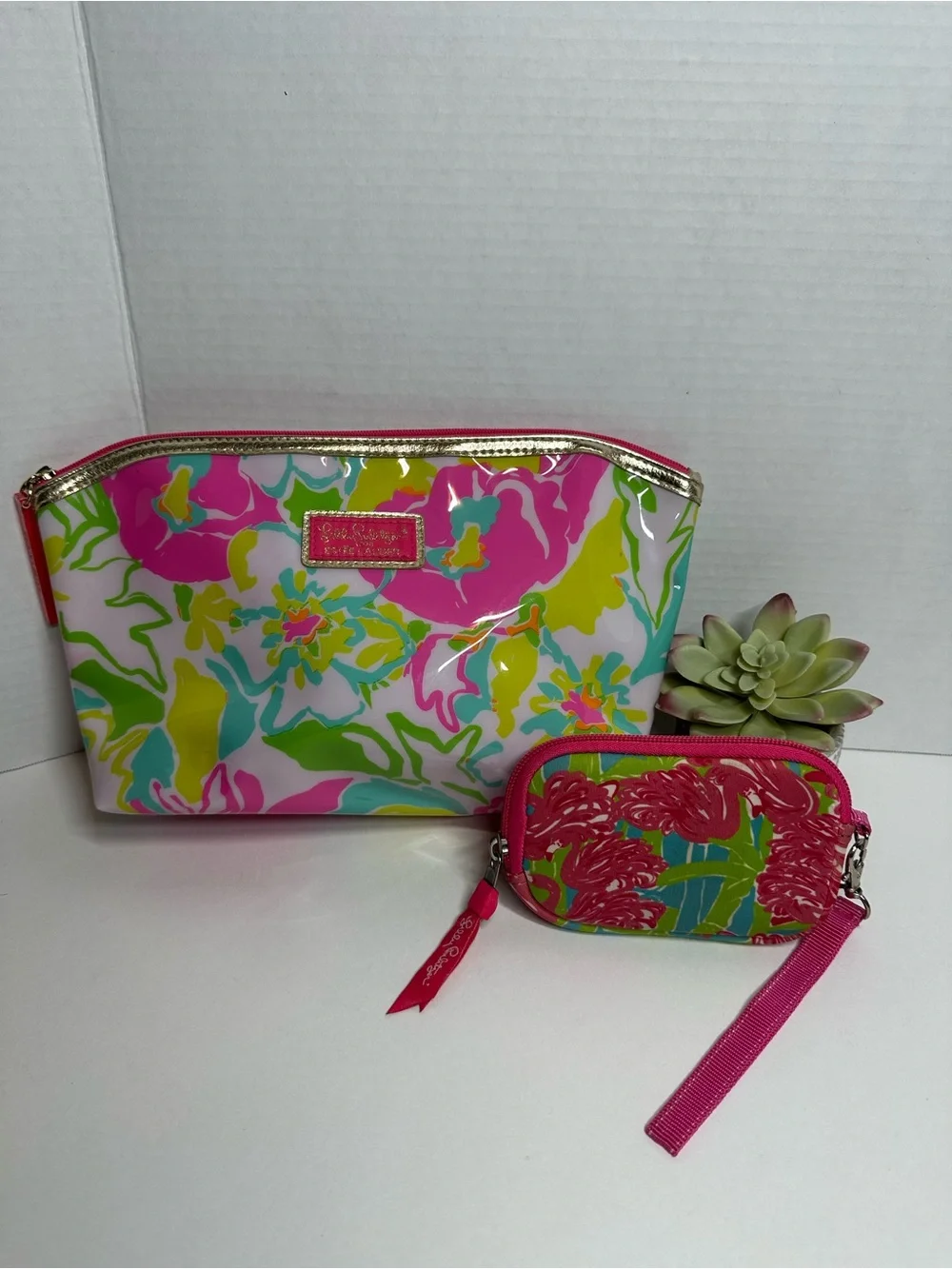 Lilly Pulitzer Floral Patent Cosmetic Pouch Set - Pink, Green & Blue
