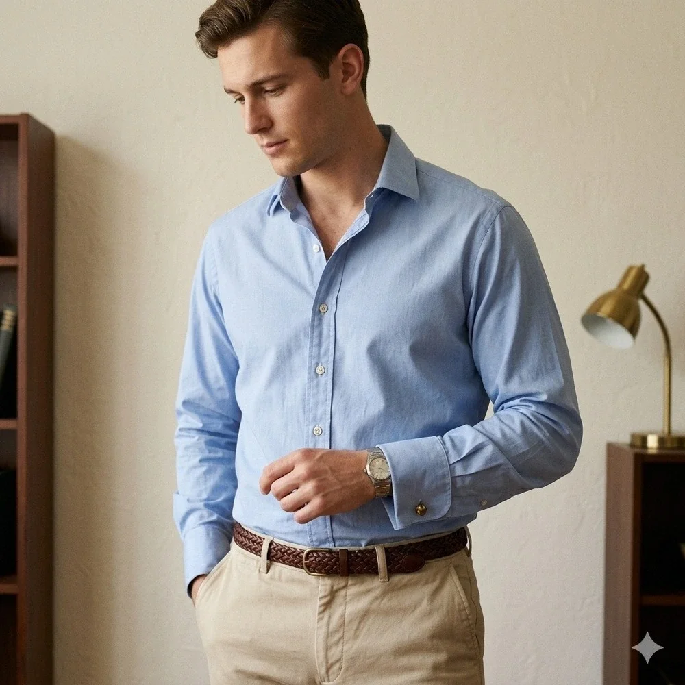 Polo Ralph Lauren‎ Regent Shirt Mens 17.5 Blue Herringbone French Cuff Preppy