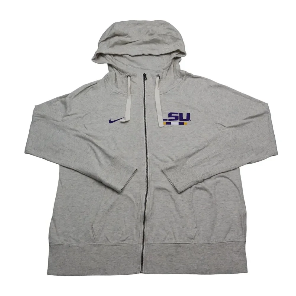 LSU Nike Womens Sweatshirt L Gray Full Zip Long Sleeve Hooded Logo Drawstring