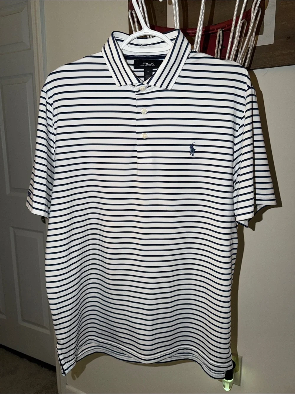 2026 Ralph Lauren RLX Striped Performance Polo (White/Navy) - Size M