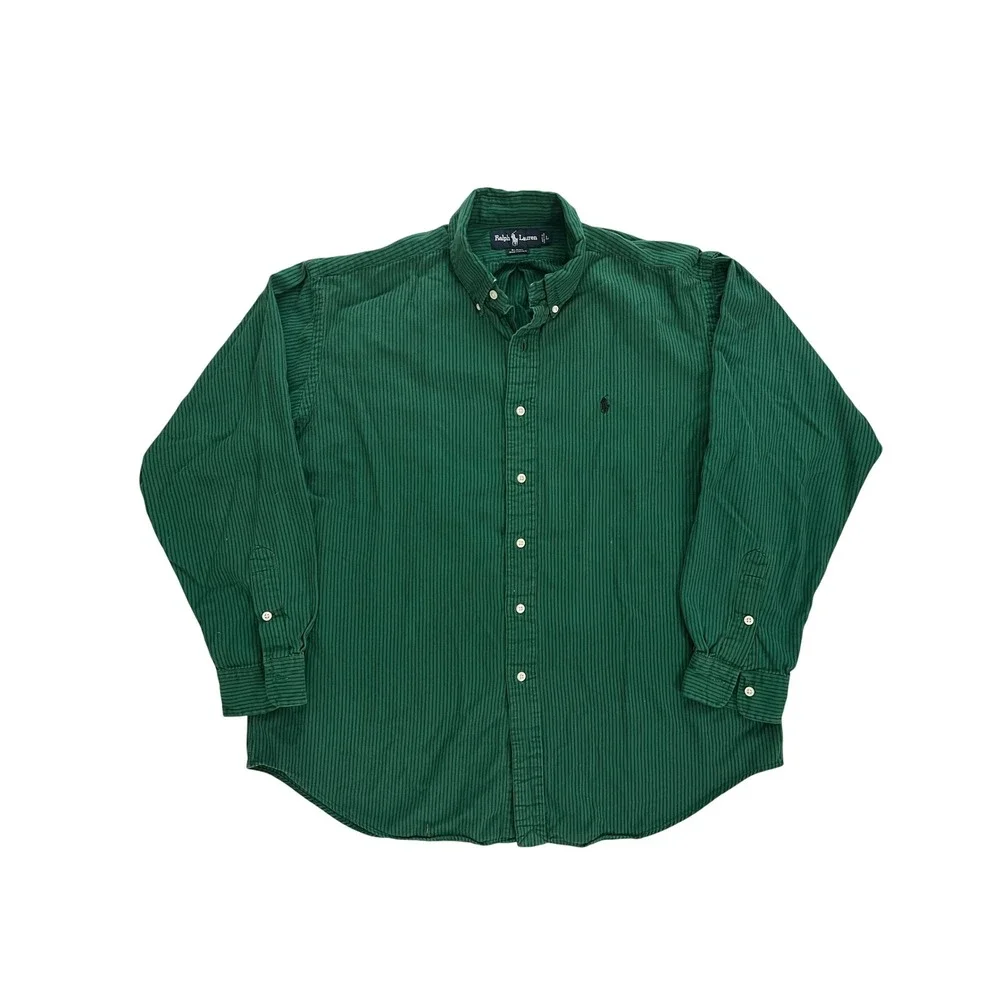 Polo Ralph Lauren Blaire Mens Green Navy Striped Cotton Button Down Shirt L