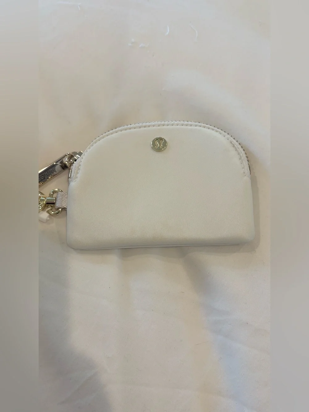 NWT Lululemon Dual Pouch Wristlet Metallic Wordmark Light Ivory Gold Cream