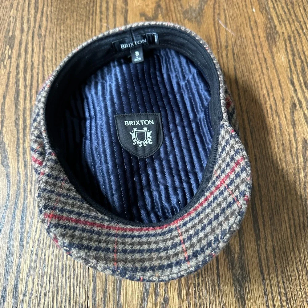 Brixton Fiddler Greek Fisherman Hat Plaid Cotton Newsboy Cap Brown Blue Small