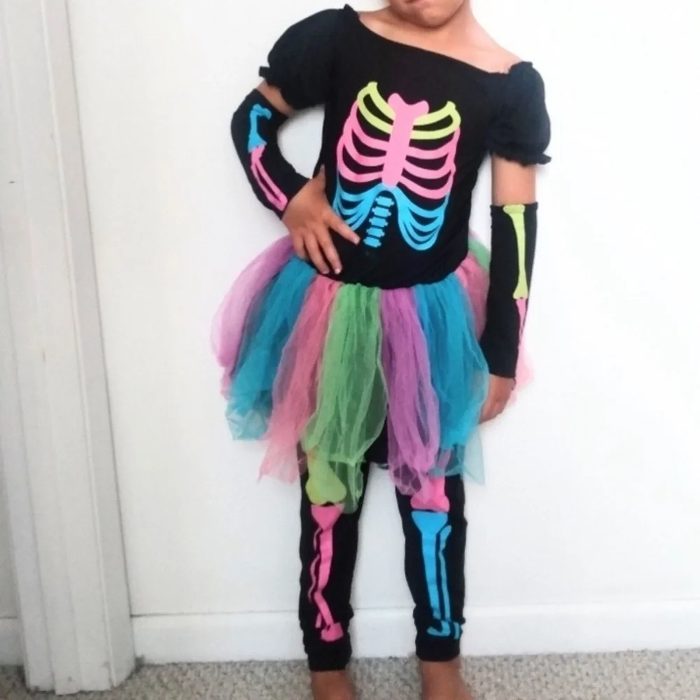 Girls skeleton tulle Halloween rainbow costume 4 piece