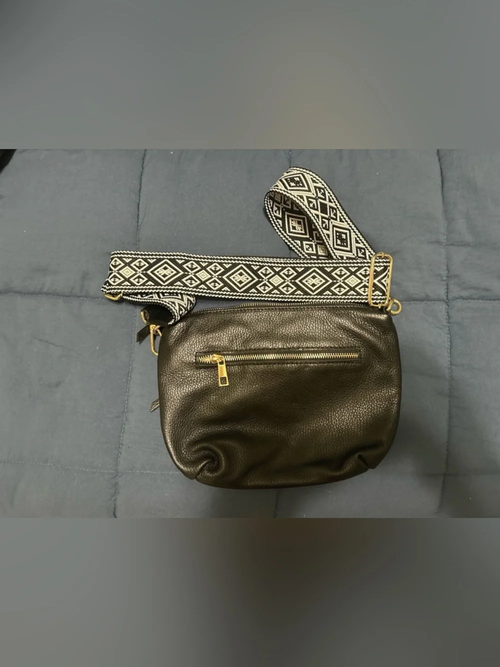 Black Leather Crossbody Bag with Patterned Strap