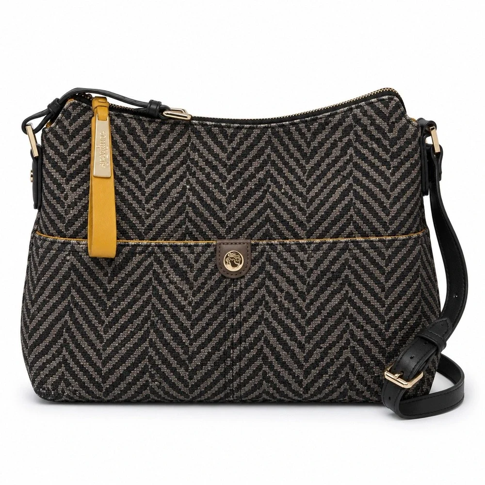 Spartina 449 Herringbone Shoulder Black Boho Chic Coastal Artisan Linen Leather