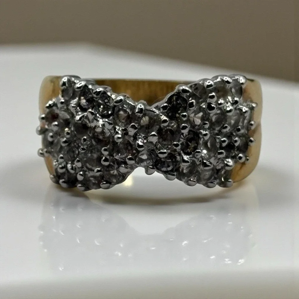 Clear CZ Sparkly Ring Shiny Twist Gold‎ Tone Vintage Band Cluster Size 9.75 Glam