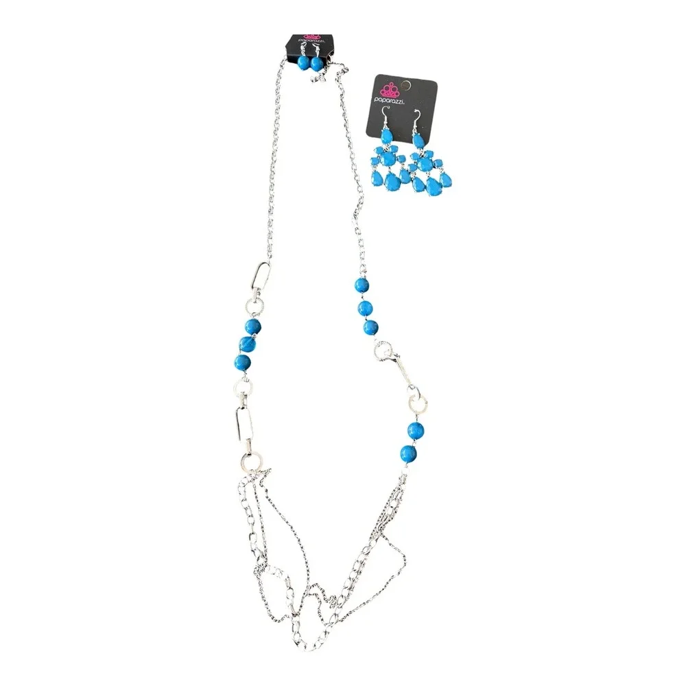 Paparazzi Blue Bead Silver Tone Long Necklace and Chandelier Earring Set NEW