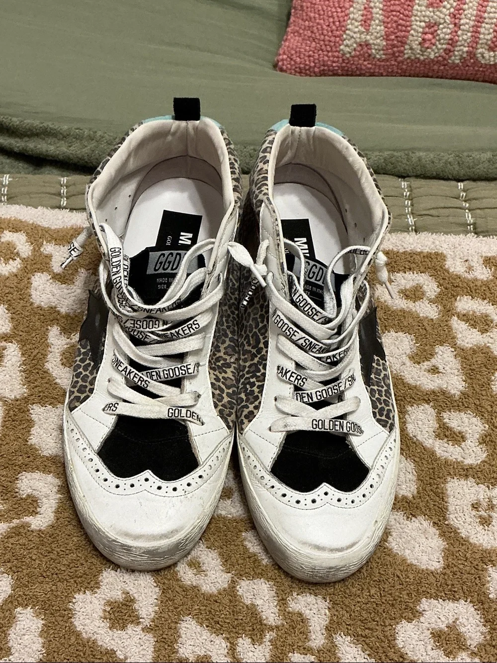 Golden Goose womens White Leopard-Print Sneakers with Black Star and Pink Accent