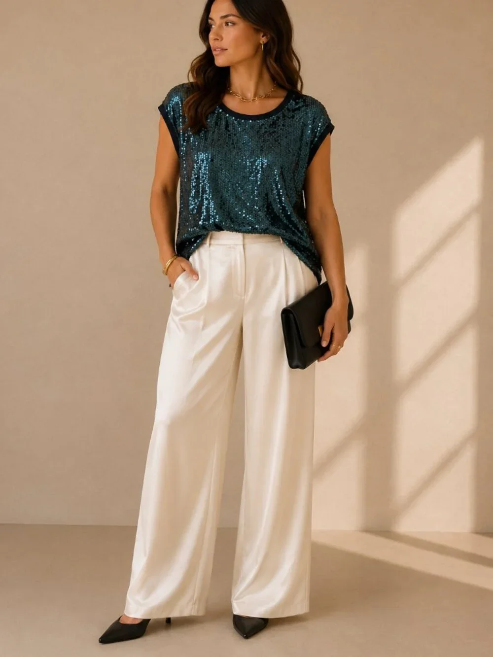 Tory Burch Teal Black Allover Sequin Top Relaxed Fit Silk Trim Size XS