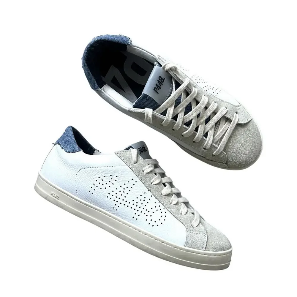 P448 John Denim Lace up Low Top Sneakers Women's White/Blue Round Toe Sz 38