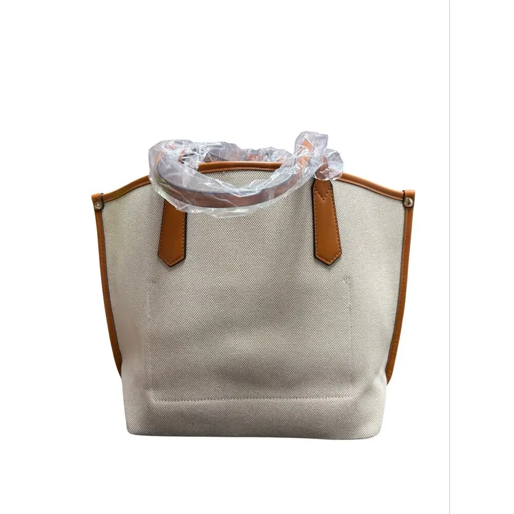 NEW Jessica Moore Womens Faux Leather Trim Canvas Top Handle Tote Handbag Beige