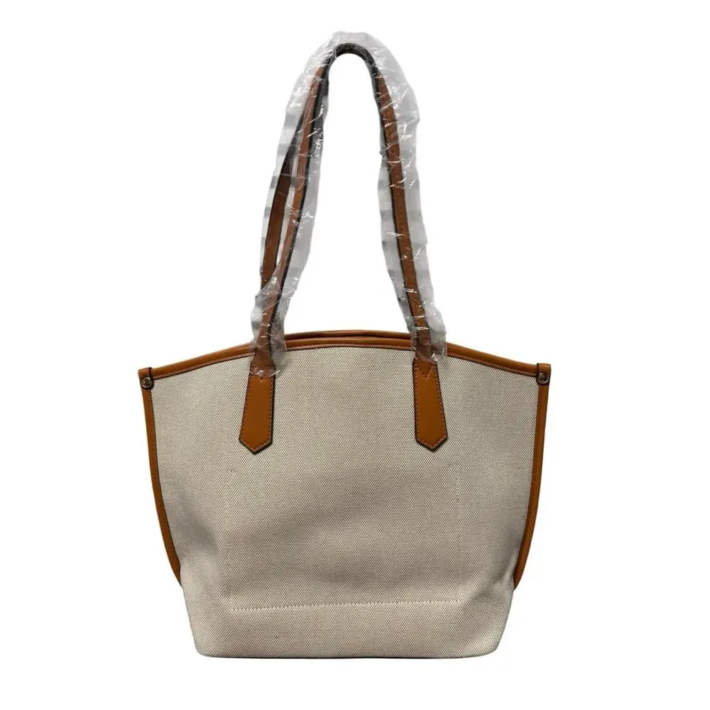 NEW Jessica Moore Womens Faux Leather Trim Canvas Top Handle Tote Handbag Beige