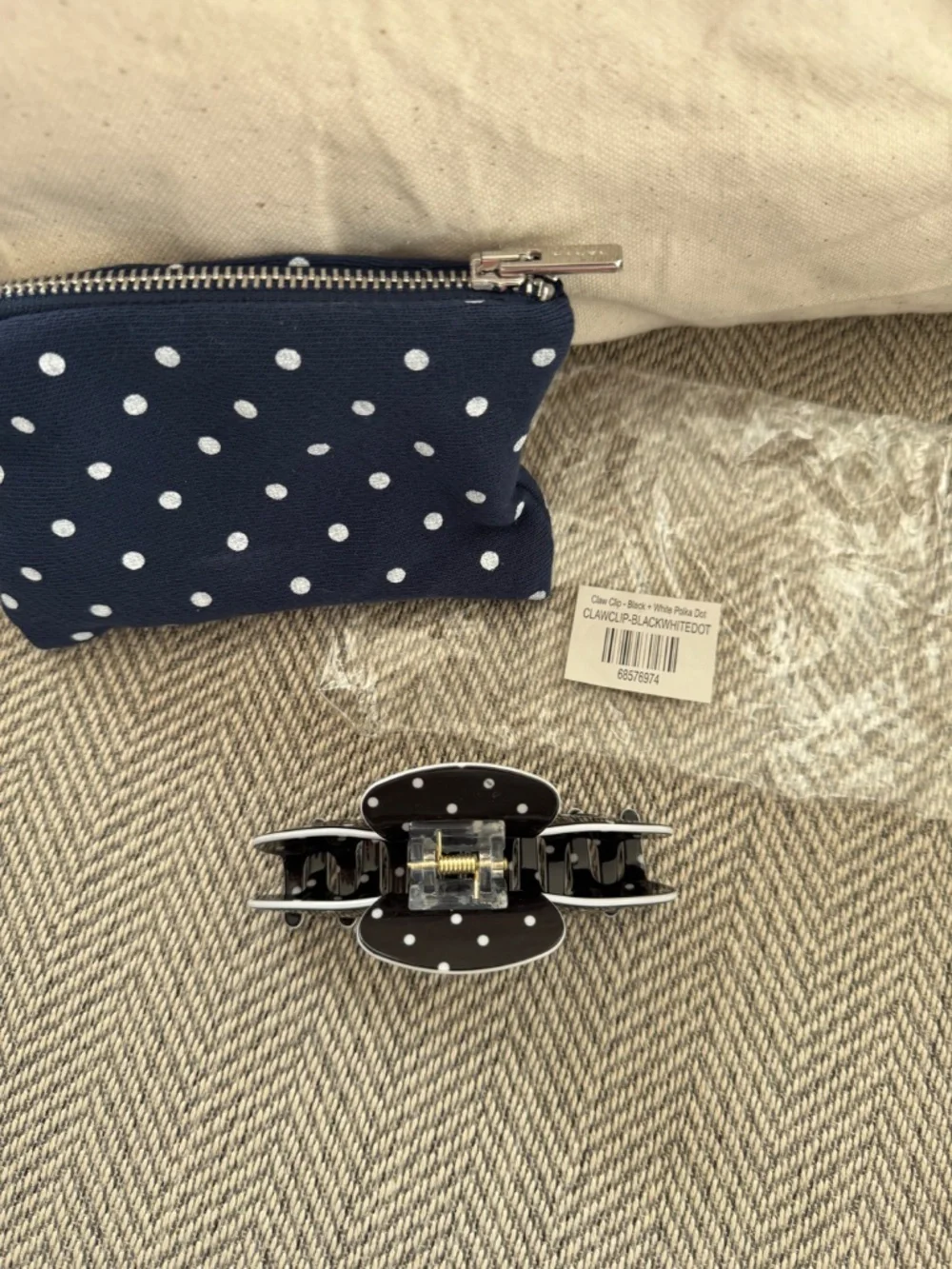 Parke Polka Dot Claw Clip Set of 3 Denim Blue White Black Hair Accessories w bag