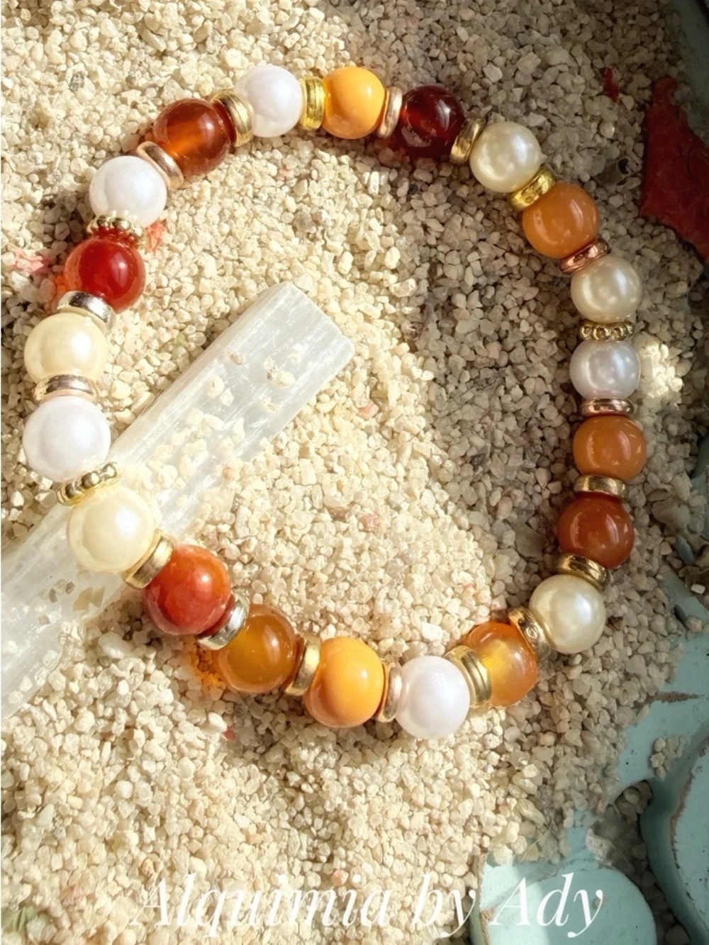 Amber and jade Red and Cream Beaded Bracelet with Gold Accents