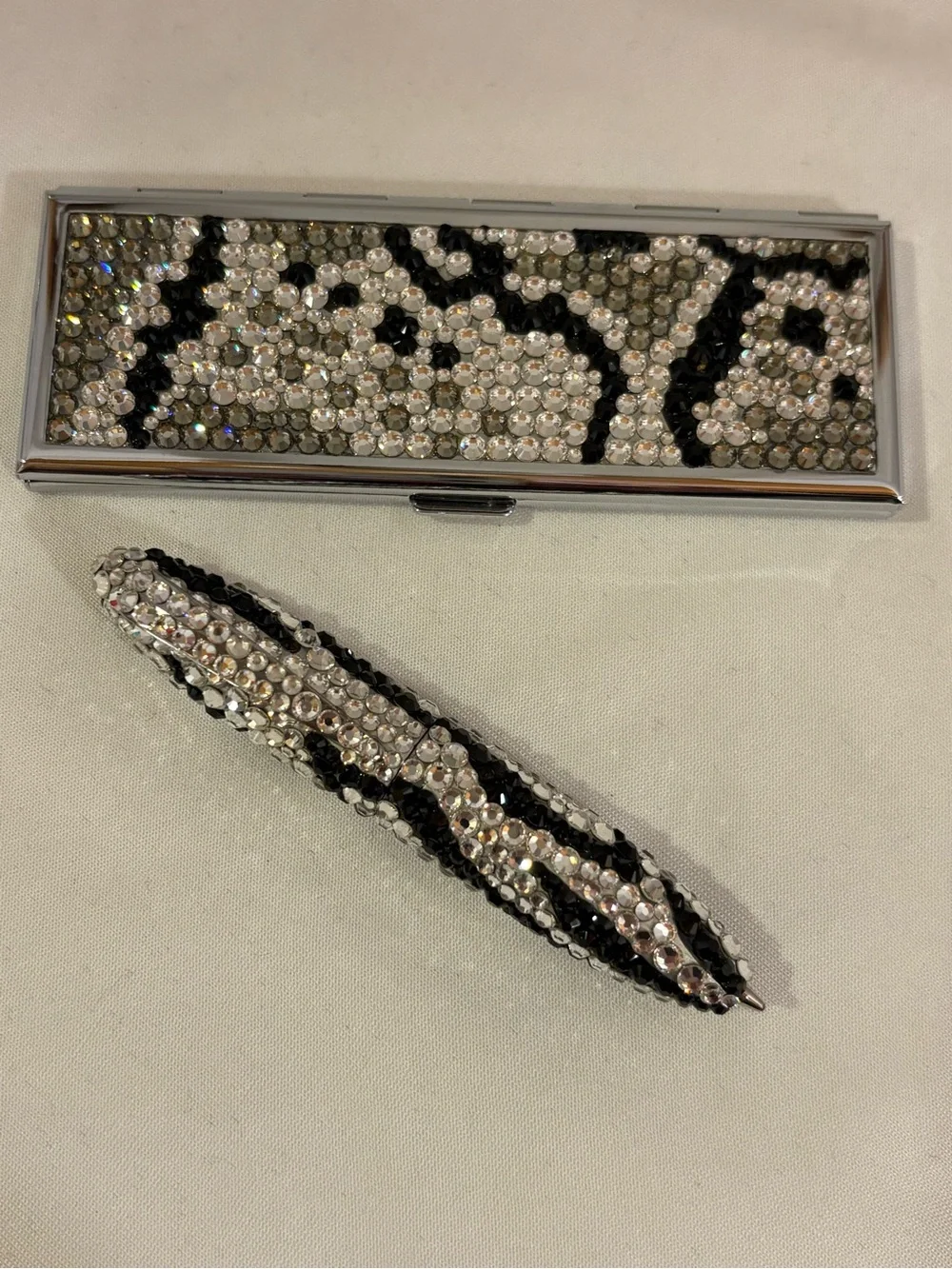 Crystal-Embellished Python Pen and Mirror Case - Black & Silver