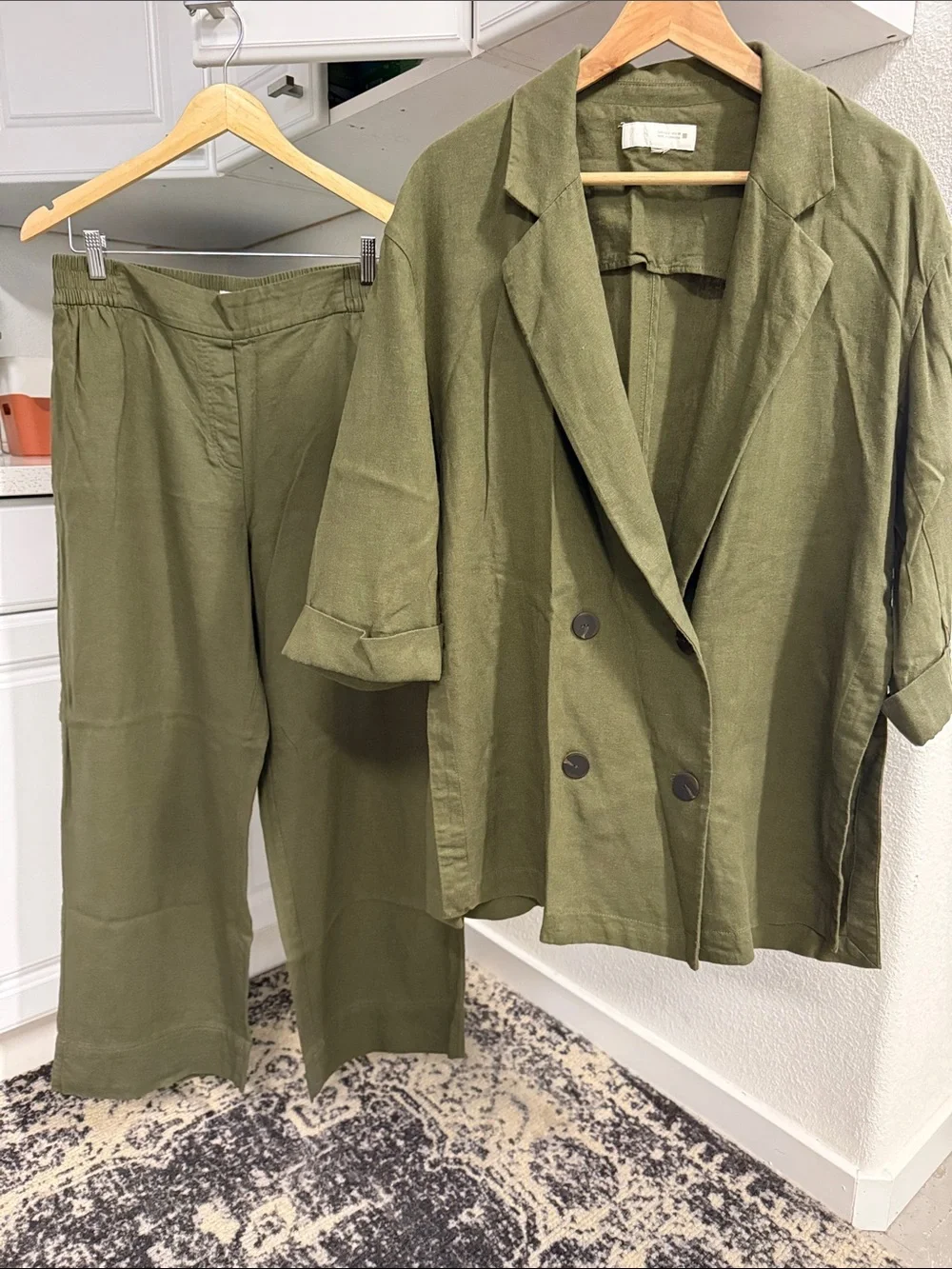 Zara Olive Green Linen-Blend Wide-Leg Pants & Relaxed Blazer