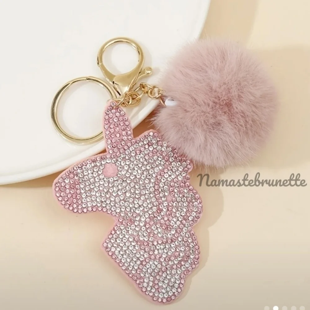 2/$16 Rhinestone Unicorn Pom Pom Keychain Bag Charm