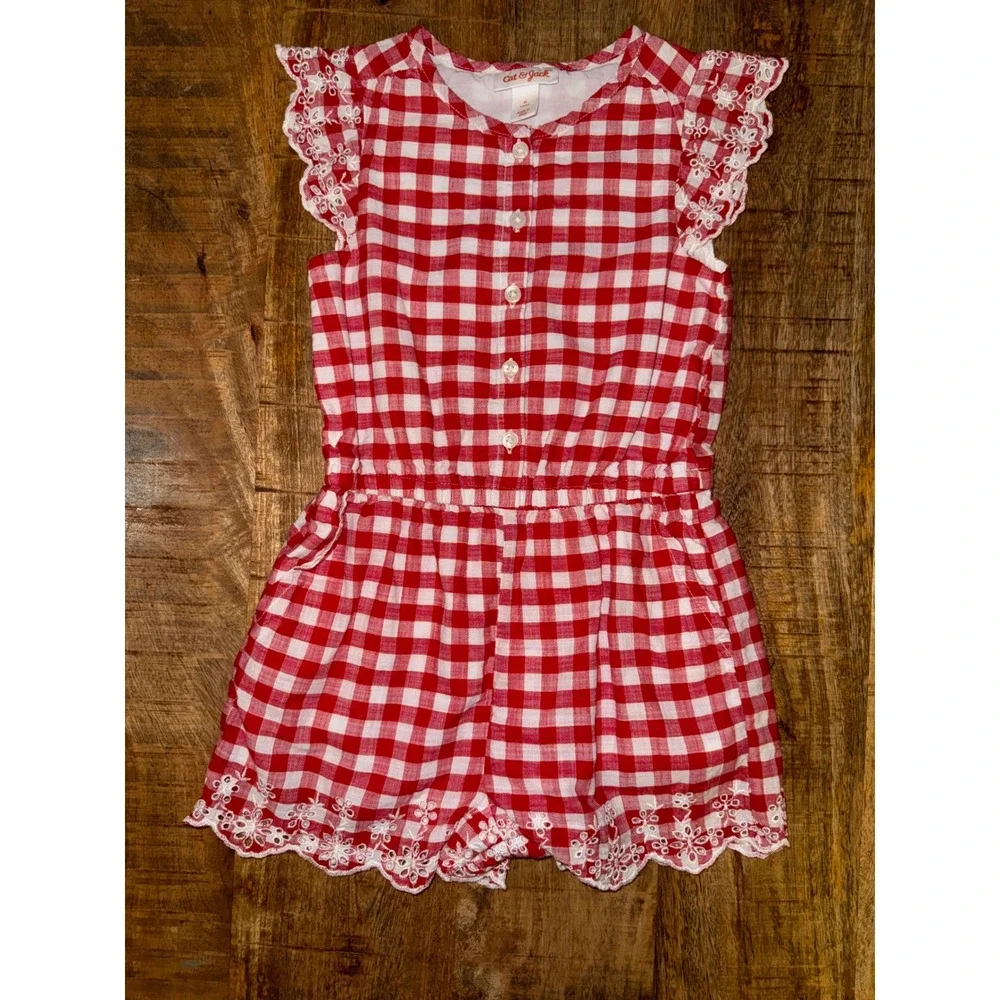 Cat & Jack Toddler Girls Red Gingham Eyelet Lace Romper Size 3T