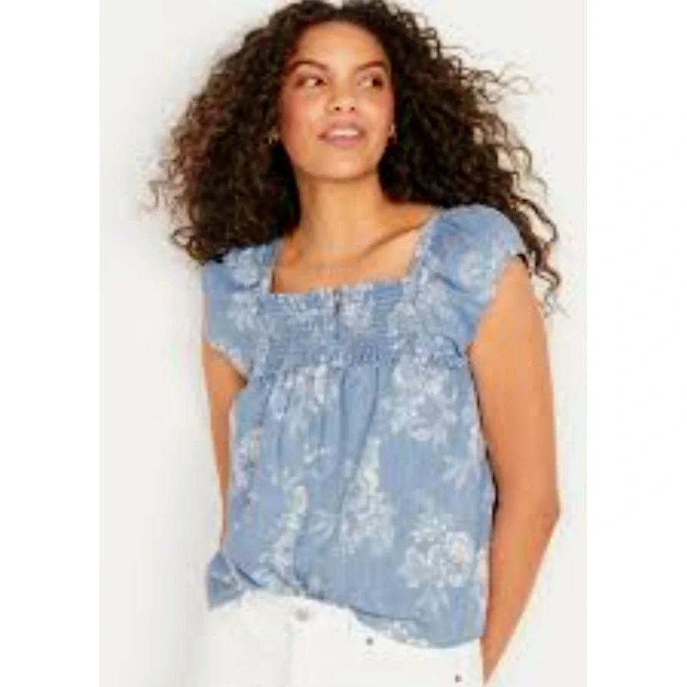 Old Navy Floral Smocked Top Square Neck Blouse‎ Blue White 4X NWOT