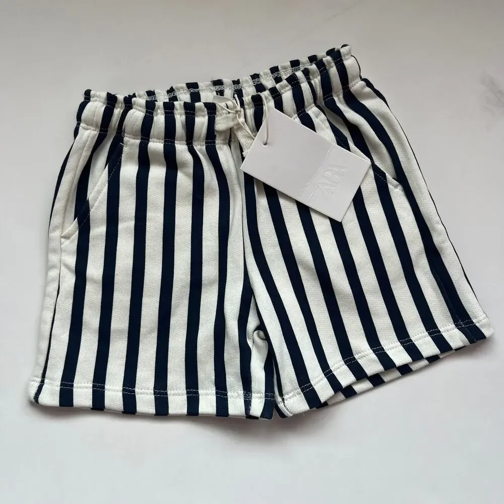Zara Kids Navy Blue Vertical Stripe Drawstring Shorts Size 3Y NWT