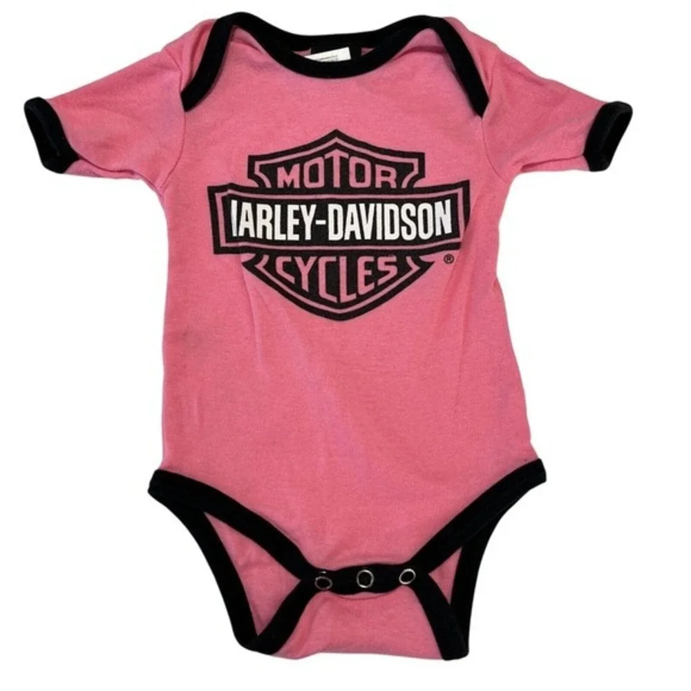 Harley Davidson Bar Shield Logo Pink Ringer Casual Bodysuit‎ Creeper Romper 3/6M