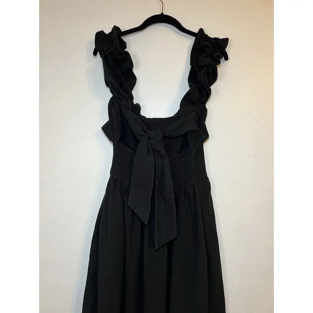 Free People Ruffle It Up Midi Dress Black Smocked Tie Cotton Size Medium
